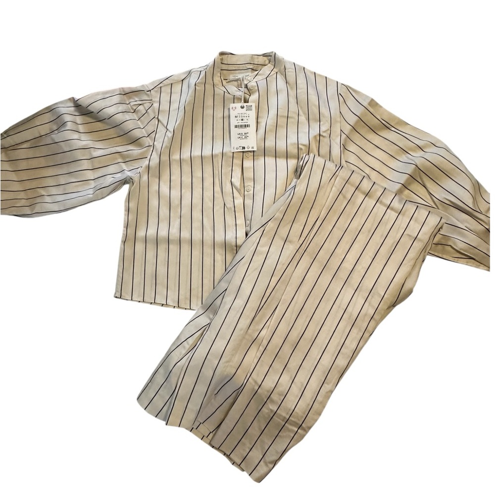 Zara Cream Button-Front Top with Black Pinstripes